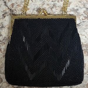 Black Beaded Vintage Walborg  Purse Handmade Hong Kong - Prom Wedding Formal
